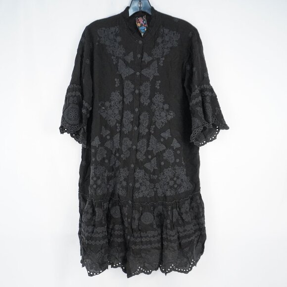 Pre-Owned Johnny Was Gracie Dress with Scalloped Edges in Black Size M - Picture 1 of 10